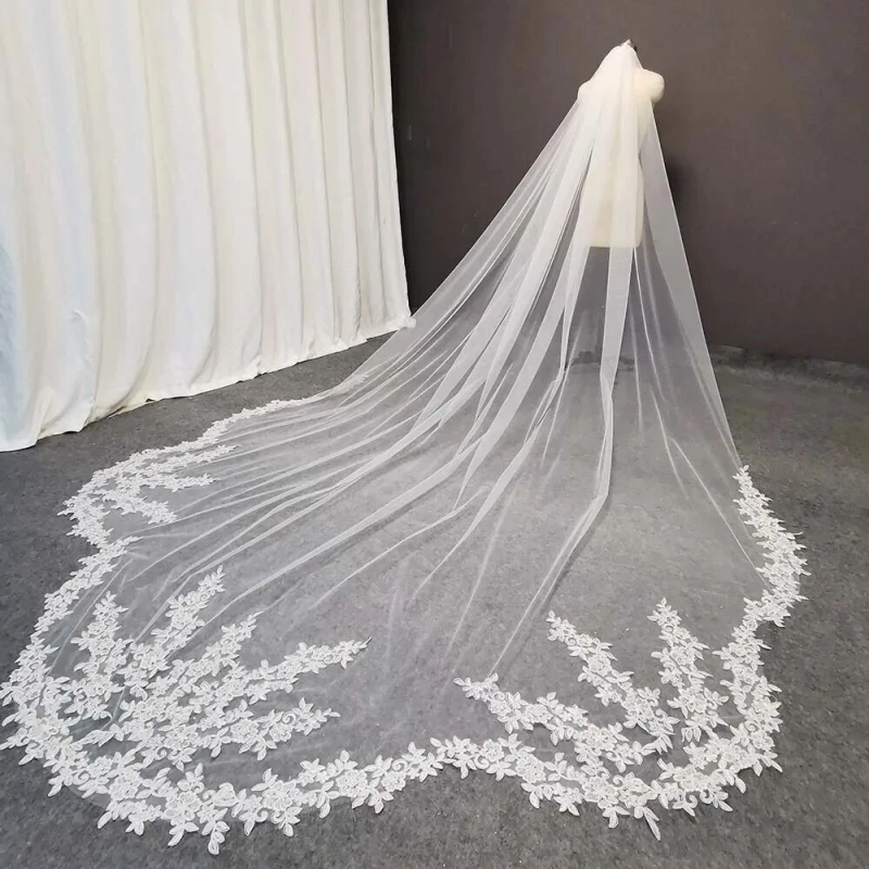 Luxury 3 Meters White Ivory Wedding Veils with Full Floral Appliques Long Lace Edge Bridal Head Veil with Comb For Marriage Bride Women's Accesso
