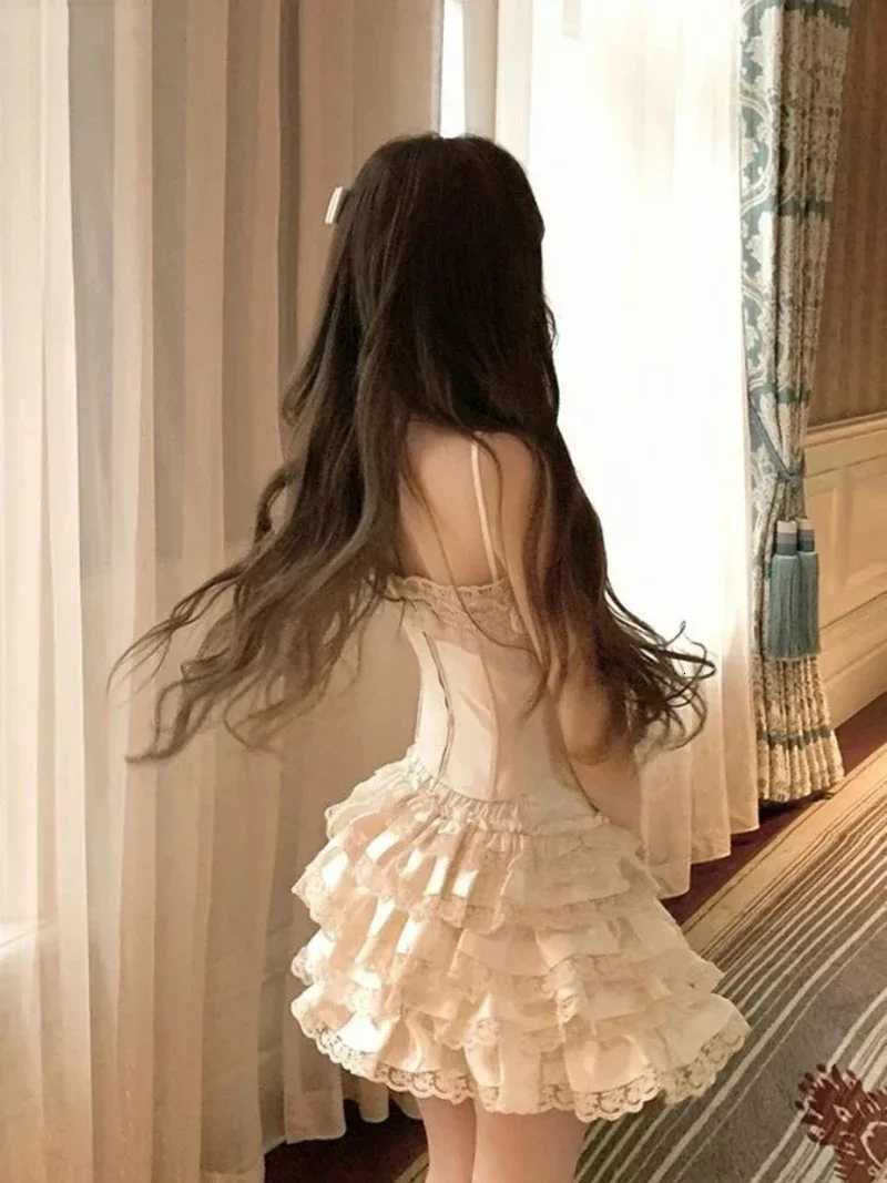 Mekst Y2K 2 Piece Sets Women Outfit Sexy Crop Lace Bandage Tank Tops + Ruffles Ball Gown Mini Skirt Summer Gyaru Design Clothes R250716