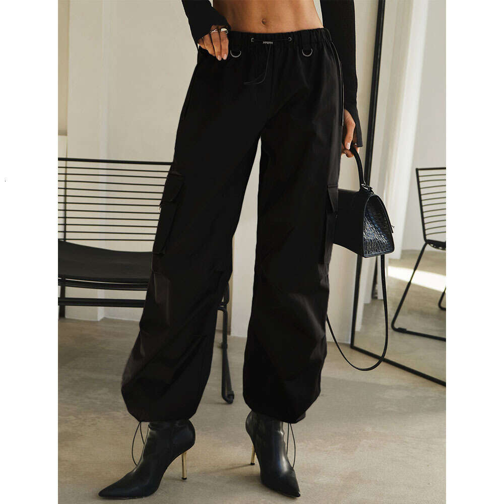 Spring Summer Women Comfortable Casual Unisex Drawstring Large Pocket Wide Leg Cargo Pants B5