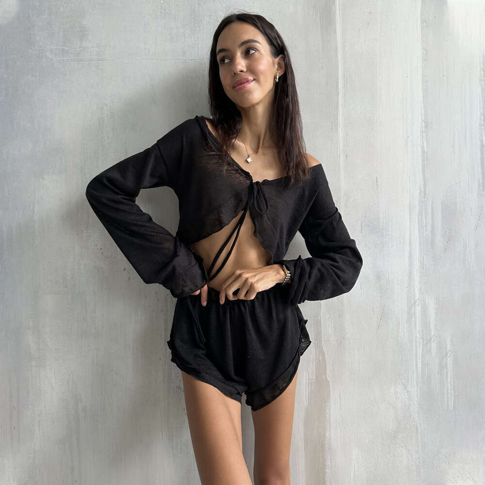 Lace-Up Cardigan Shorts Pajama Set Summer New Knitted Pajamas Comfortable Loungewear For Women B5
