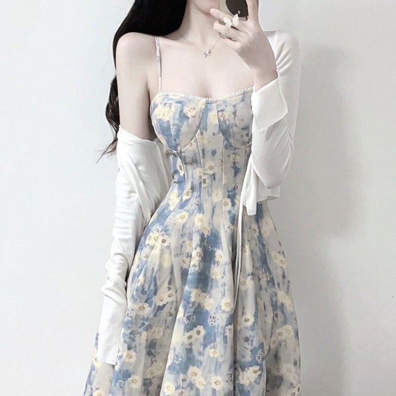 2025 2024 Summer New French Style Blue Oil Painting Design Fairy Floral Strap Dress for Women Gentle Waist-Cinching Long
