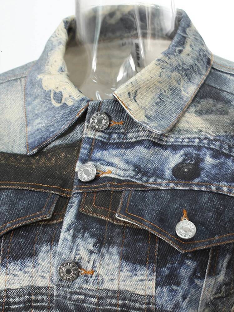 Blue Printed Big Size Casual Denim Jacket New Lapel Long Sleeve Women Coat Fashion Tide Spring Autumn 2025 7Ab4540