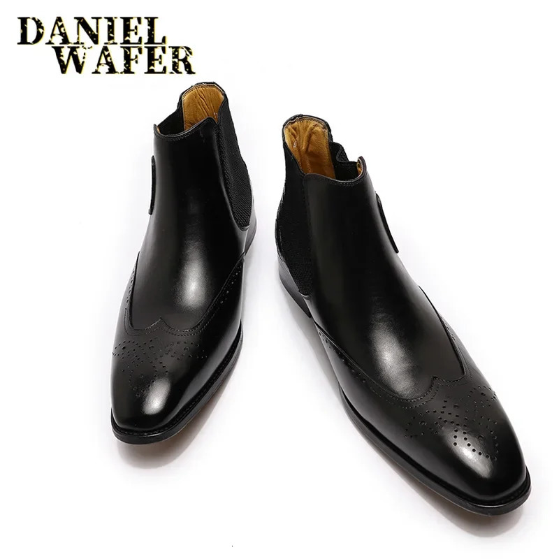 Mens Genuine Leather Chelsea Boots Ankle High Grade Slip-On Buckle Strap Wingtip Brown Black Basic Shoes 250715