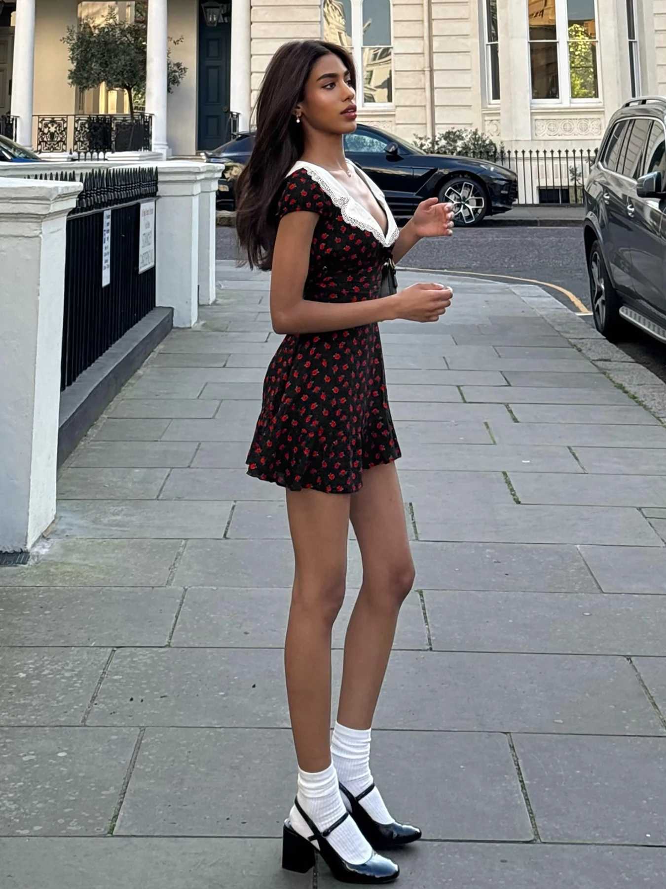 1Masure Prairie Chic Slim Lace Trim Rose Dress Sexy Sweet Deep V-Neck Turn-Down Collar Short Sleeve Mini Dresses for Women 2025 R250716