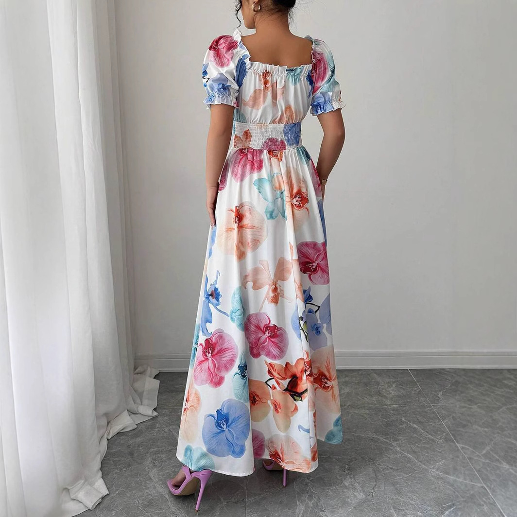 2025 Summer Amazon European and American New Style Puff Sleeve High Waist Cinched Printed Women's Flared Strap Dress