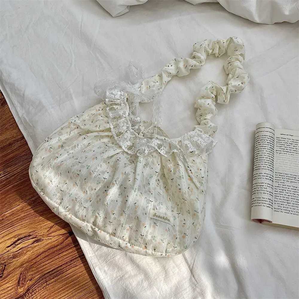 Elegant Sweet Fresh Lace Handbag Bowknot Underarm Bag Floral Pleated Shoulder Bag Pastoral Style Cloth Dumpling Bag Shopping