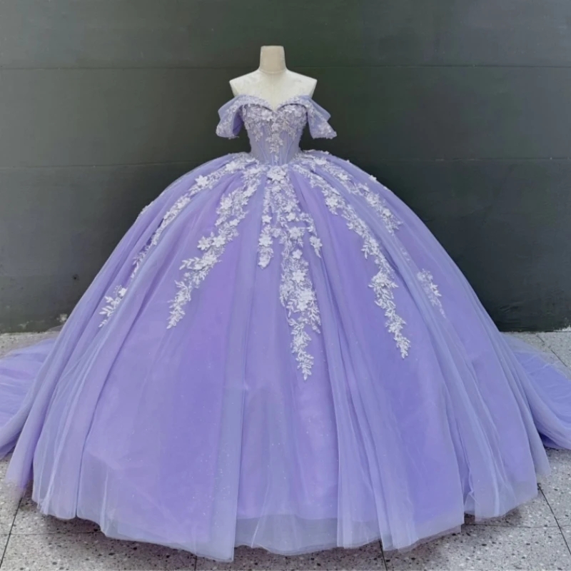 Lavender Quinceanera Dresses Ball Gown Off The Shoulder Applique Lace Beading Crystal Tull Party Birthday Sweet 16 Dress Vestidos De 15 Anos