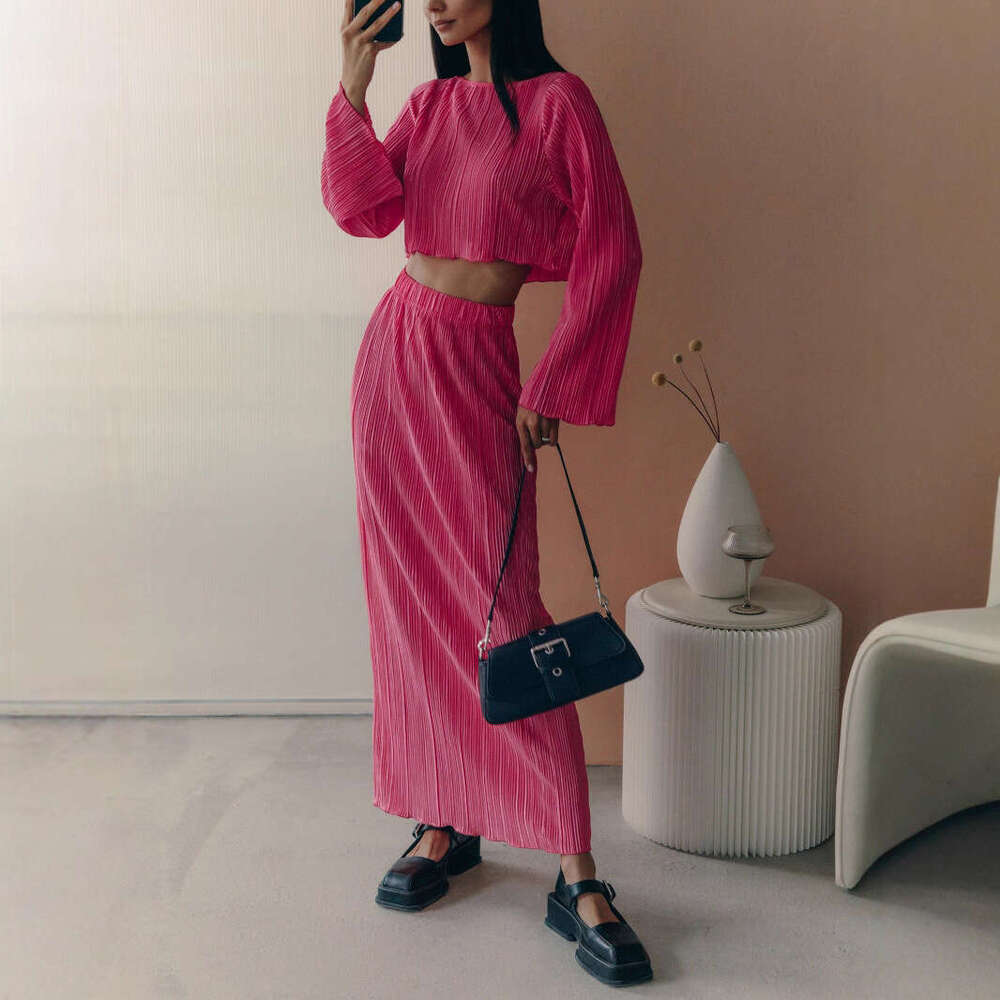 Pleated Spring Summer Bell Sleeve Short Top + Skirt Set For Women B5