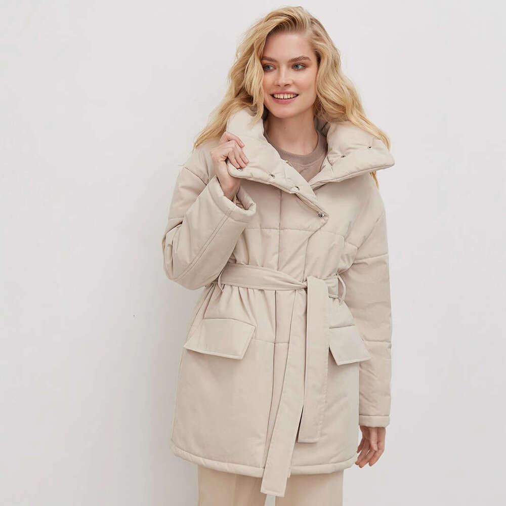 Stand Collar Autumn Winter New Style Elegant Belt Irregular Mid-Length Cotton Jacket B5