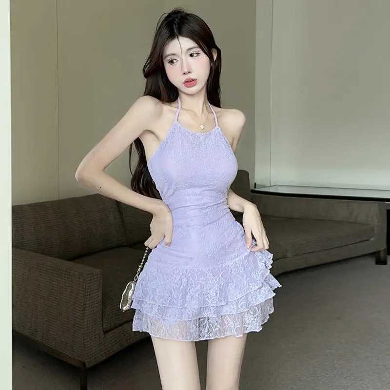 Pure Erotic Halter Neck Backless Lace Splicing Suspender Small Slim and Slim Ruffled Dress R250716