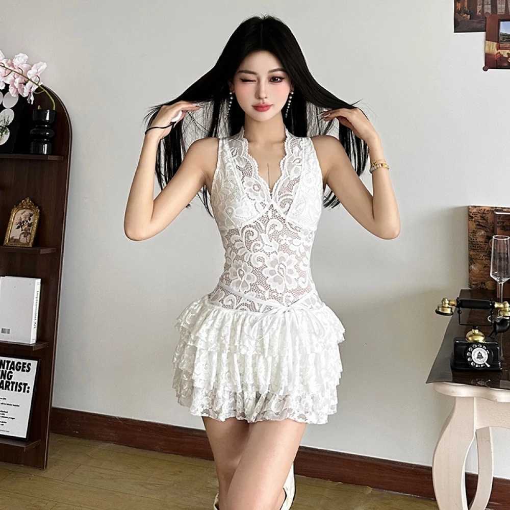 100% Cotton Mesh Patchwork Dress Women Low-Neck Sling Off Shoulders Ruched Tiered Shaped Waist Fashion Sexy Cool Dark Style Outfits R250716