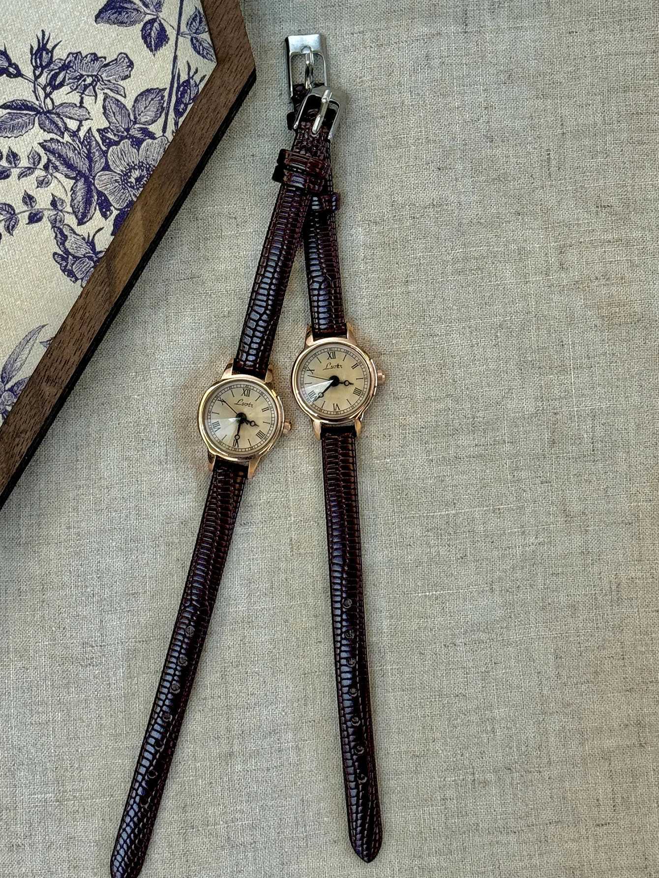 1pc Retro Leisure Elegant Wen Coffee Brown Leather Strap Small Exquisite Round Dial With Rhinestone Decor Suitable for F Y250715