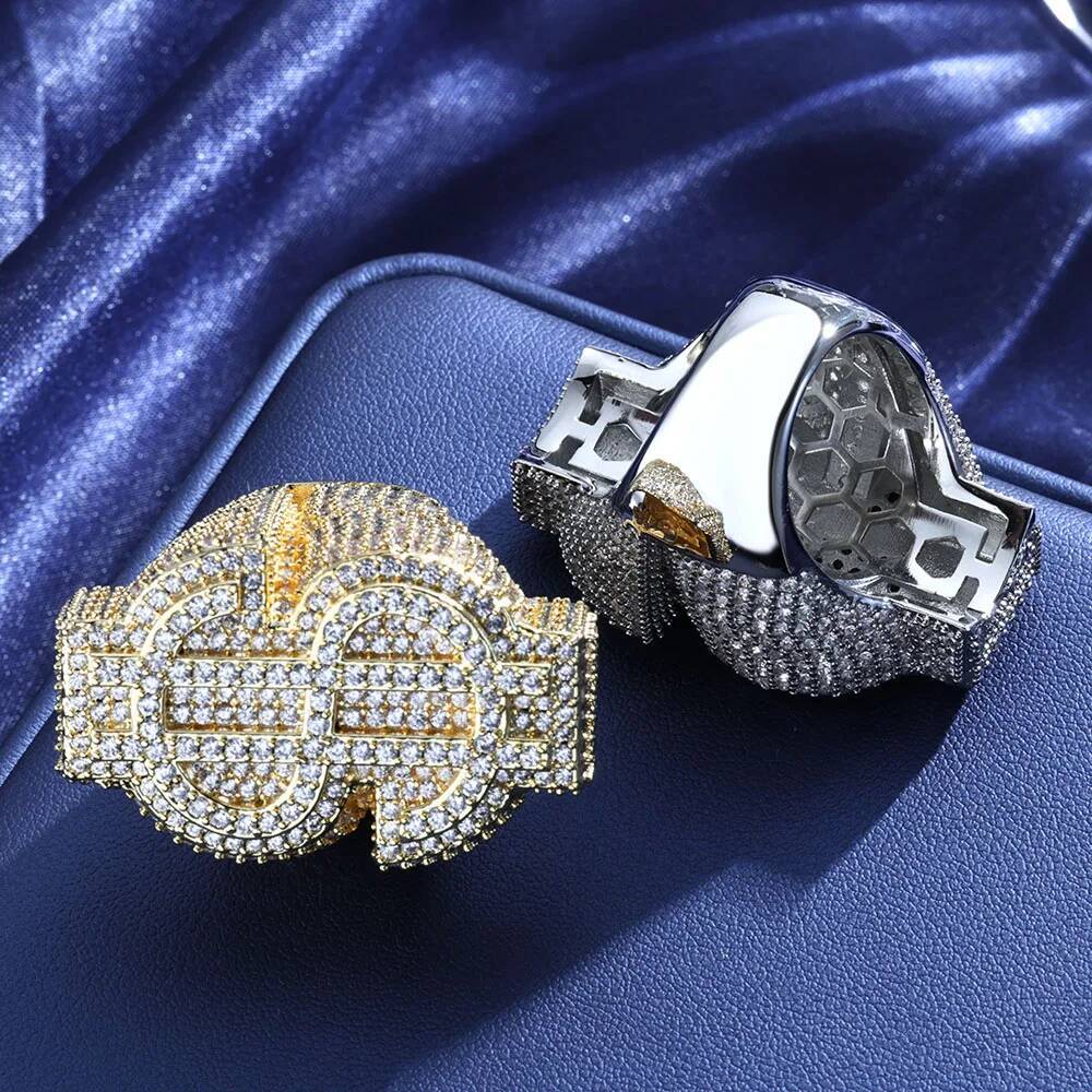 Hot Selling Hip Hop Jewelry Brass 5A Cz Iced Out Dollar Big Rings Mens Good Quality Money Ring Party Gift