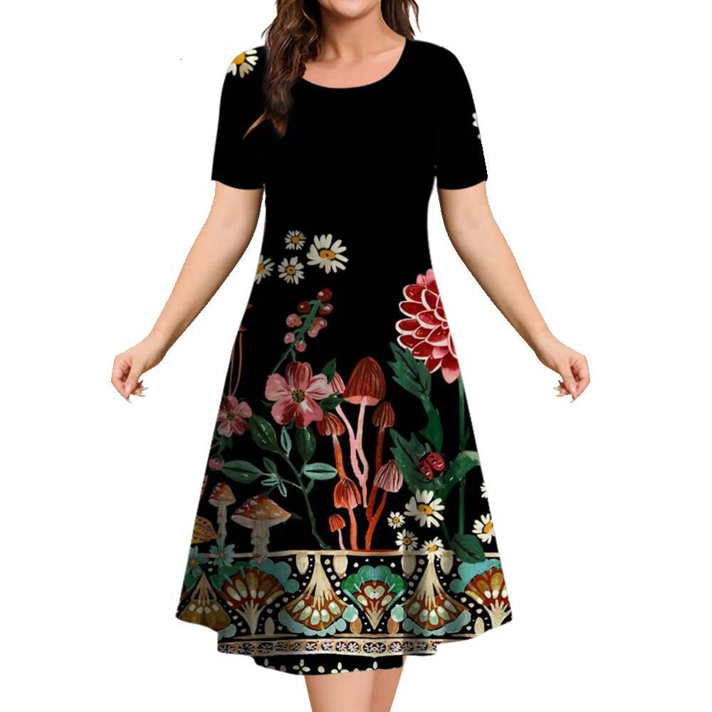 2024 New Floral Graphic Print Womens Elegant Midi Summer Dresses Plus Size Female Fashion Free Shipping dongdumaoyi