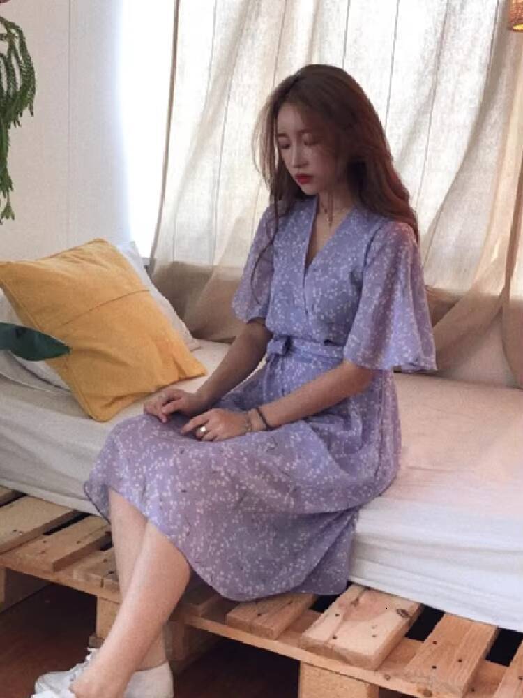 Summer Women Dress Floral Print Long Chiffon Evening Female Vintage Party Beach Woman Dresses Casual Prom Purple Maxi dongdumaoyi