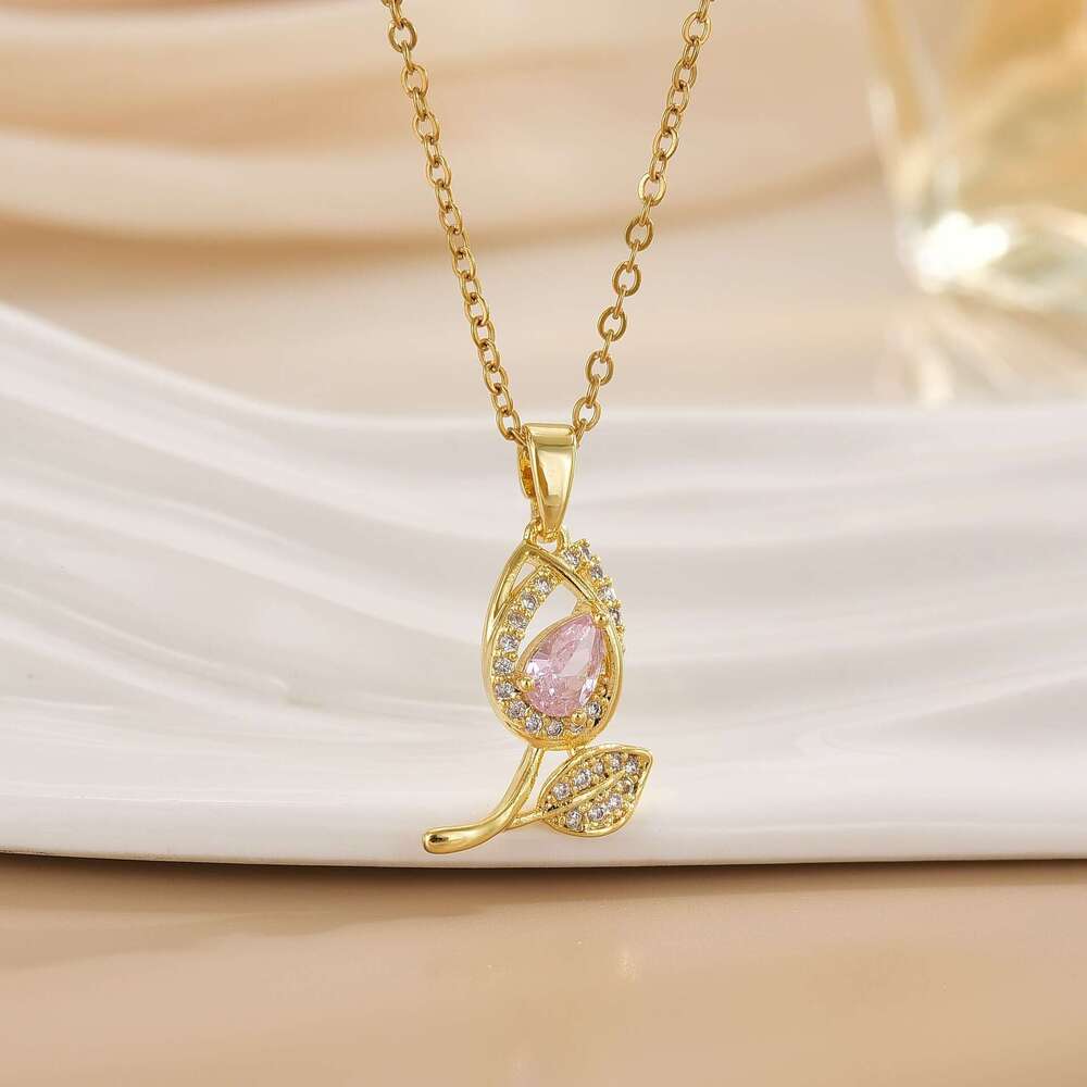 Necklace For Women Copper Gold Plated Colorful Zircon Tulip Niche Design Ins Versatile High-End Titanium Steel Accessories 29B
