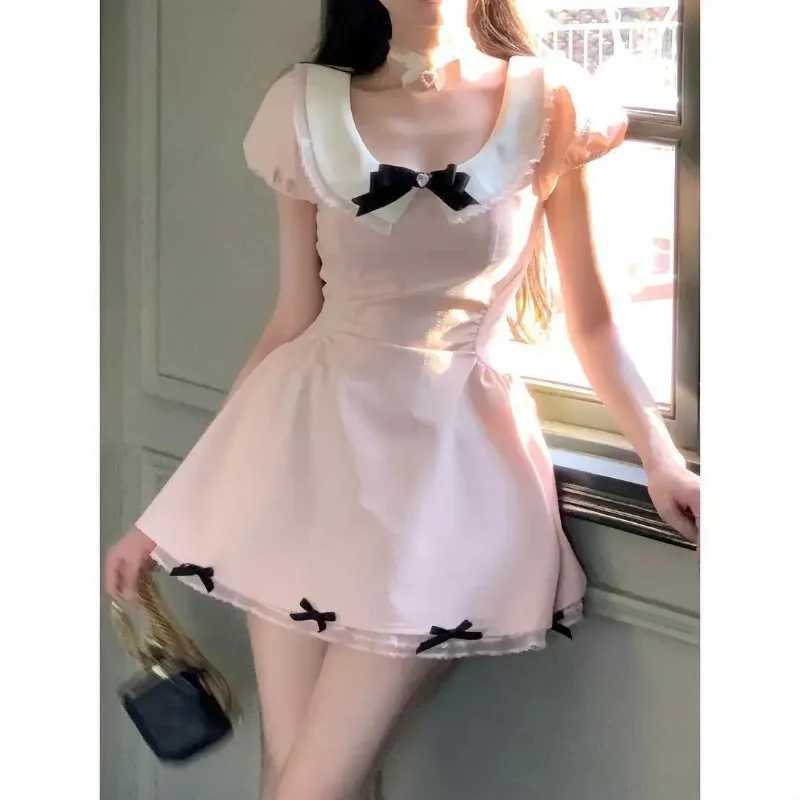 2025 Summer Women New Gentle Lace Sweet Fresh Slimming Temperament Bow A-line Short Dresses R250716