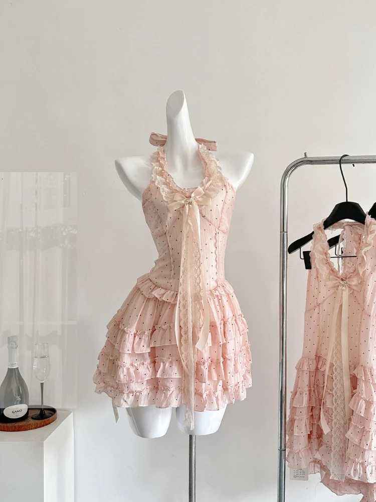 2025 Women Summer Pink Polka Dot Halter Short Dress Lace Trim Bowknot Decoration Ruffled Stylish Party Daily Beach Wear Clothing R250716