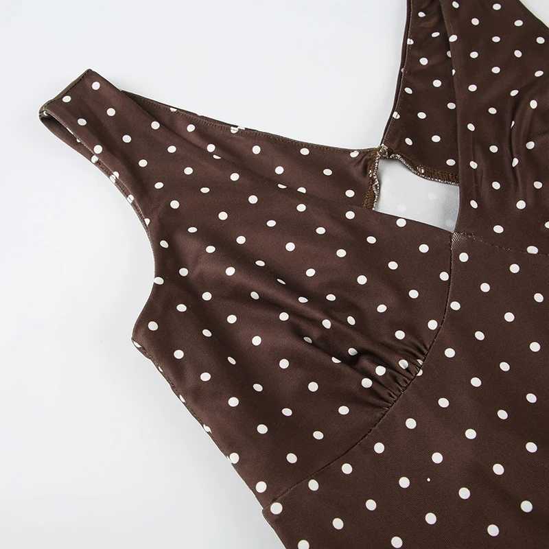 Suhcute Brown V-neck Polka Dot Mini Dress for Women Elegant Backless Party Sundress Sexy High Street Sleeveless Vacation Outfit R250716