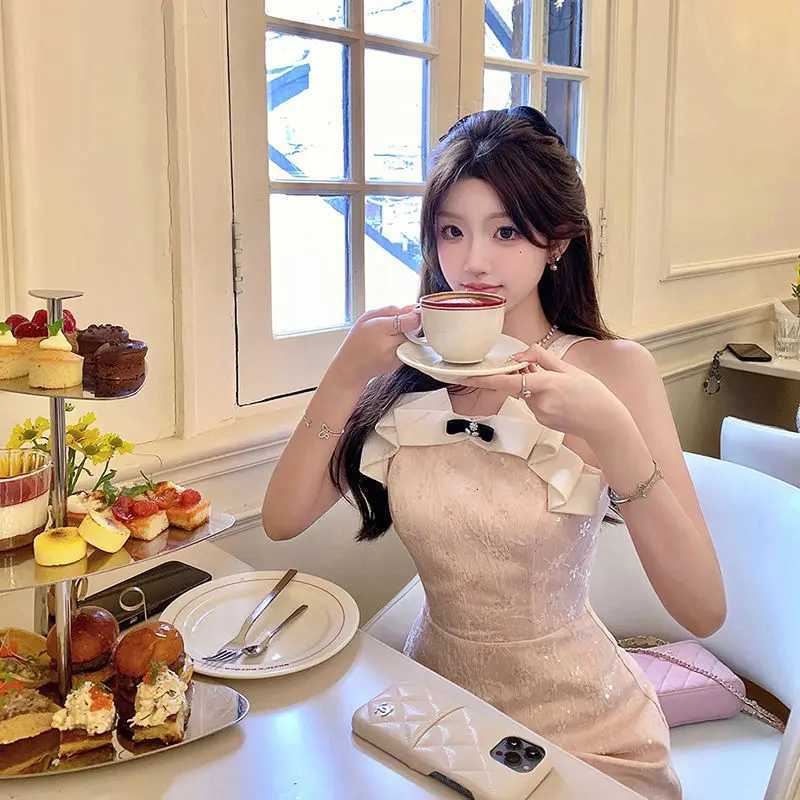 Kimotimo Sweet Jacquard Halter Birthday Dress Women Summer Fashion Bow Sequin Waist A-line Mini Dresses Luxury Party Vestidos R250716