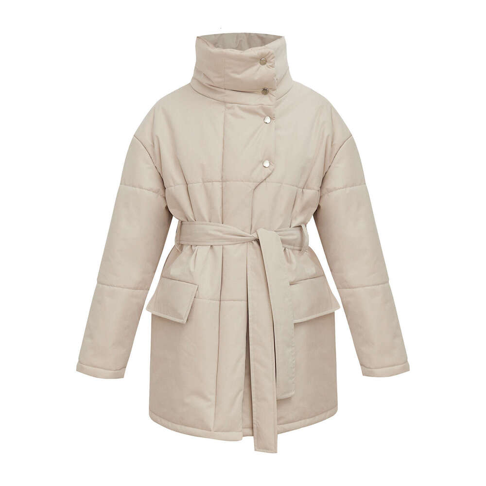 Stand Collar Autumn Winter New Style Elegant Belt Irregular Mid-Length Cotton Jacket B5