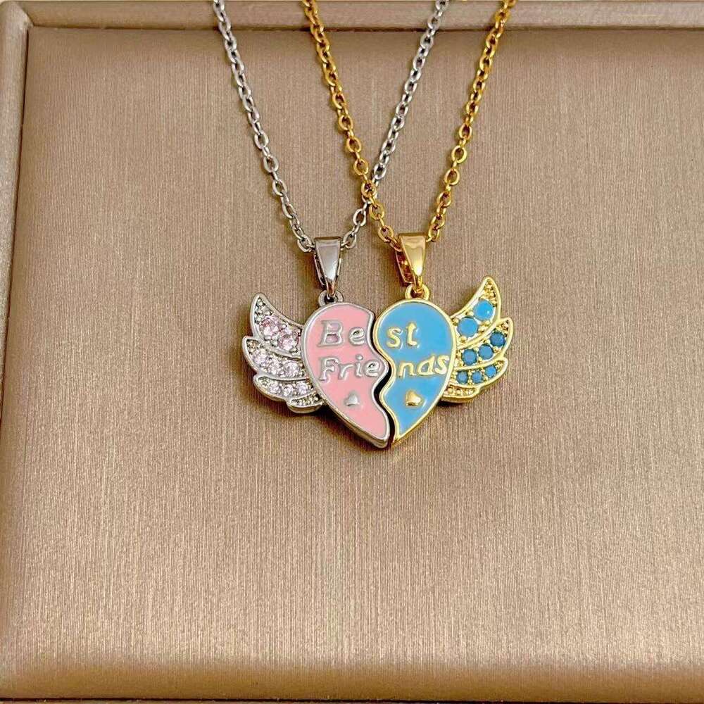 New Letter Best Friends Heart-Shaped Splicing Bestie Necklace Wing Pendant 4Eb