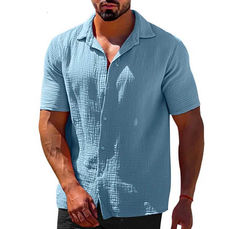 Summer Mens Short Sleeve Shirt Solid Color Turn Down Collar Cotton Linen Casual Shirts Men Single Breasted Male Blouse Tops Z250715