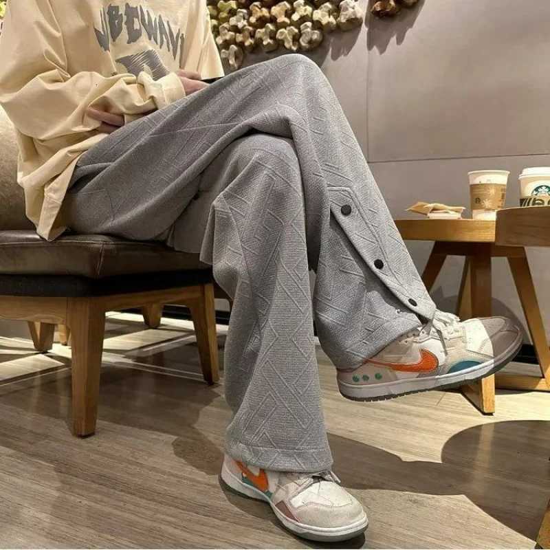 igh Street Vintage Casual Buckle Side Split Loose Wide Leg Pants Mens Solid Elastic Waist Drawstring Pockets Straight Trousers y250716