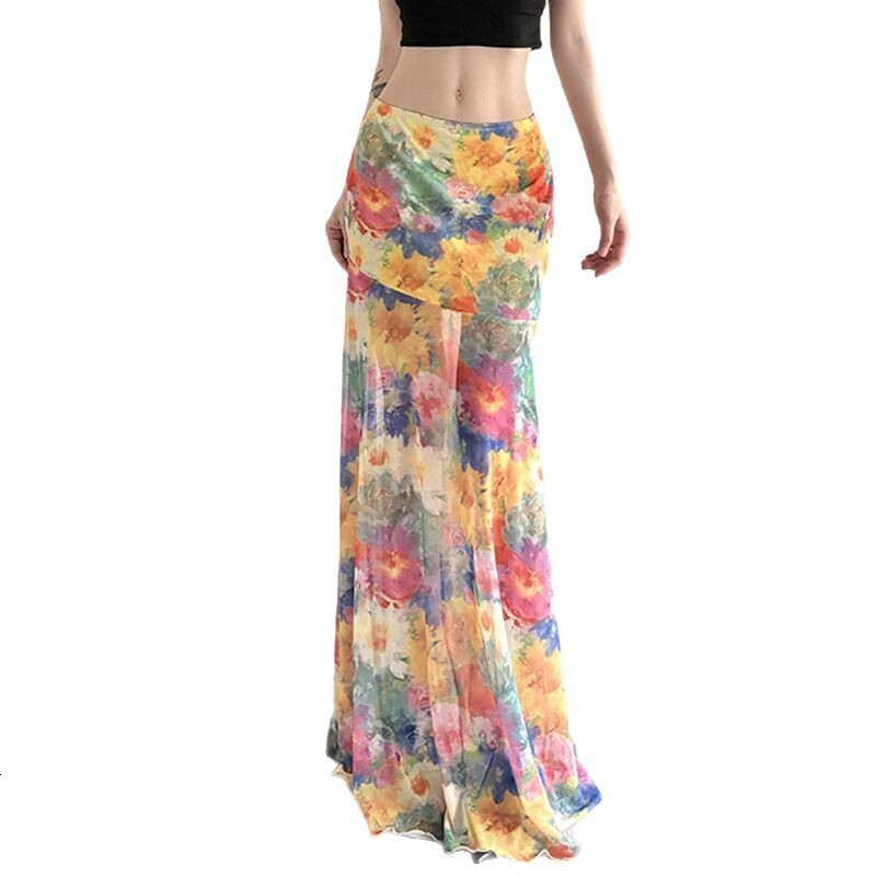 2025 Summer Color Oil Painting Style Gradient Print Mesh Bodycon Skirt for Women Color-Block Slimming Ruffled Hem Midi