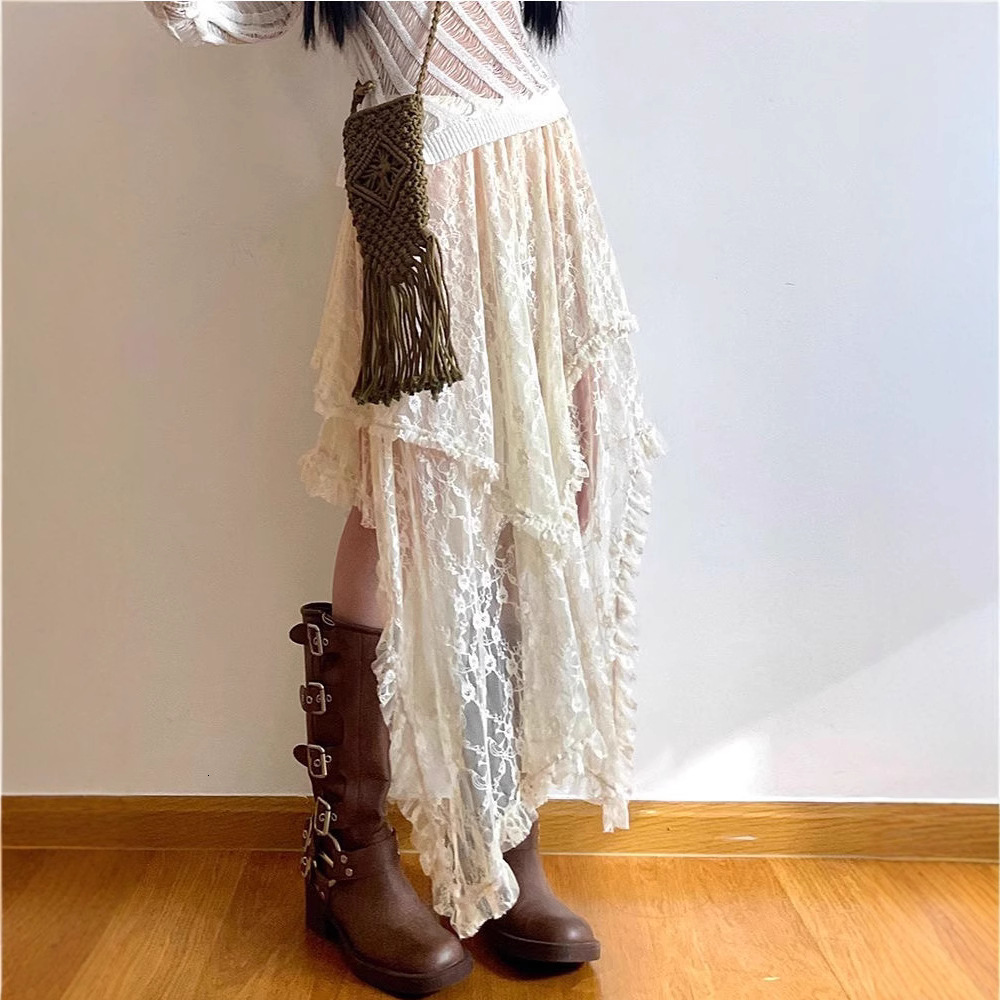 2025 French Style Elegant Apricot Lace Half Skirt Winter Irregular Inner Wear Long Elastic High Waist