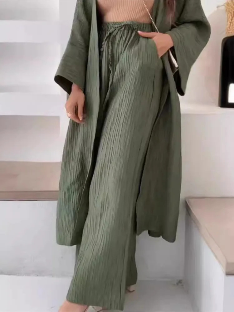 Solid Color Folds Pants Sets Women Loose Long Cardigan Wide Legs Trousers Two Piece Set Fashion Casual Lady Commuting Suits 250715