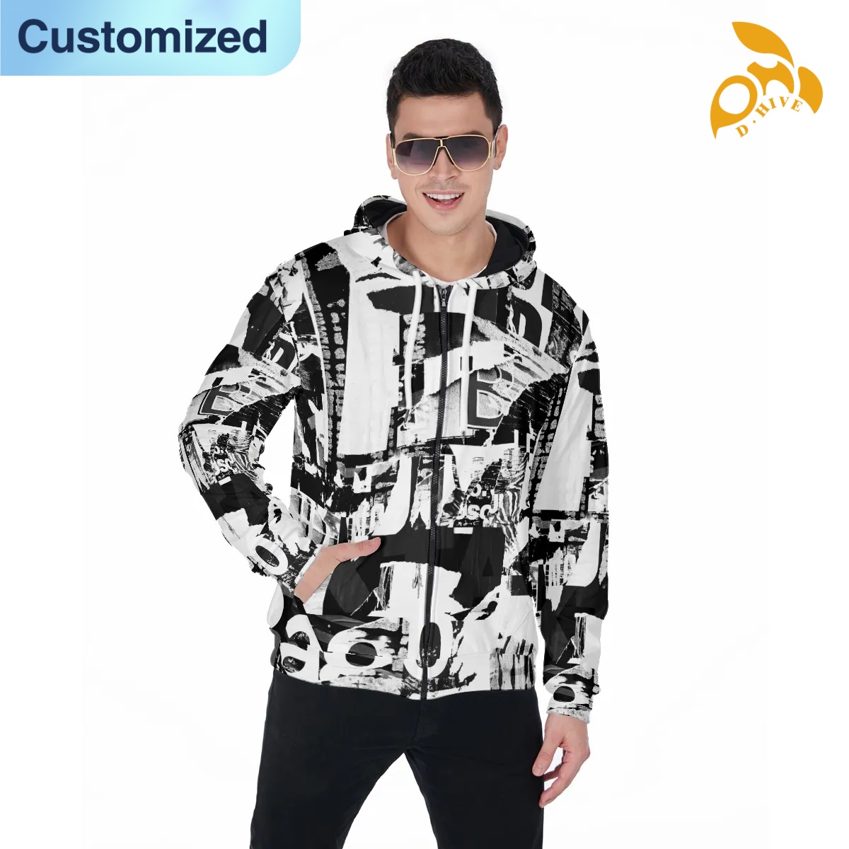 free shipping designer of customized Wear-resistant fashionable Full-body printed zipper hoodie with pockets with exquisite patterns from US