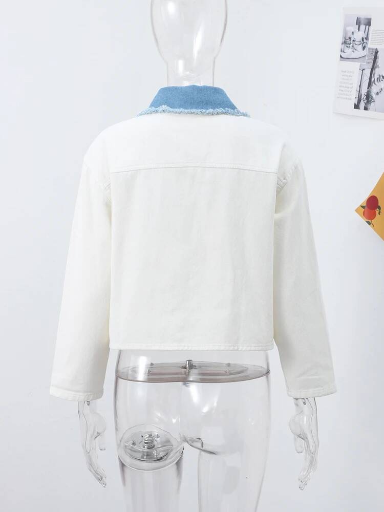 Women's White Denim Patchwork Shirt With Pockets Short-Length Spring New Comfortable Fit Casual Chic Streetwear For Woman