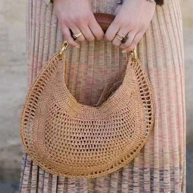 Solid Color Brand Straw Tote Bag Fashion Hollow Summer Seaside Holiday Retro Wrist Purse Handmade Underarm Hobo Handbag