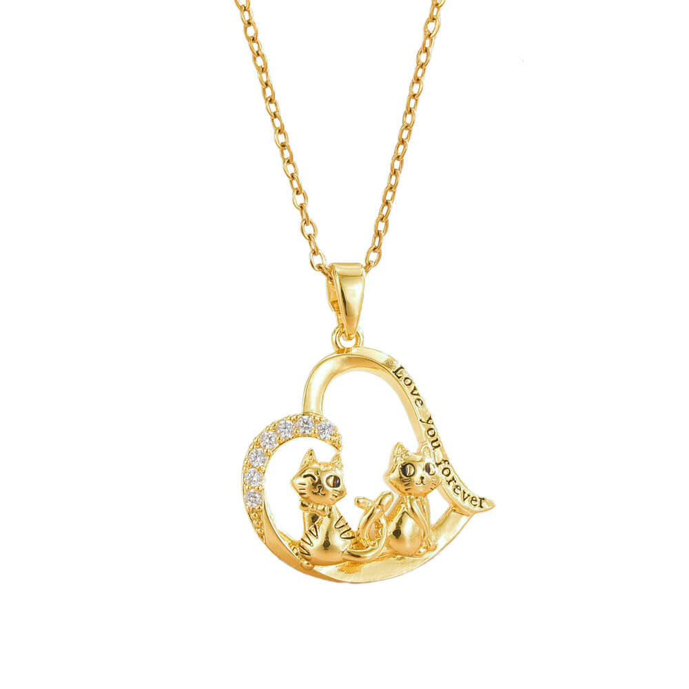 New Heart-Shaped Hollow Two Cats Engraved Love You Forever Couple Necklace Jewelry 413