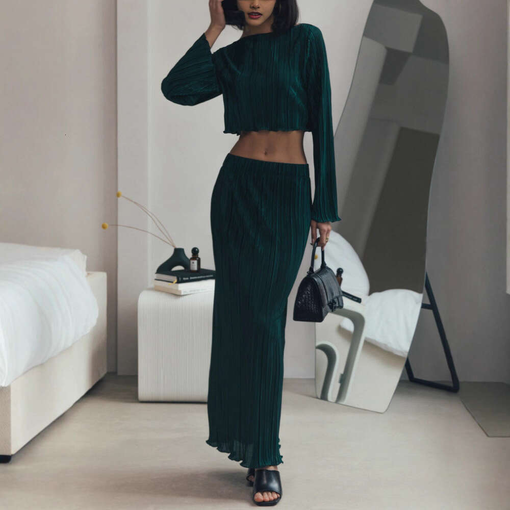 Pleated Spring Summer Bell Sleeve Short Top + Skirt Set For Women B5
