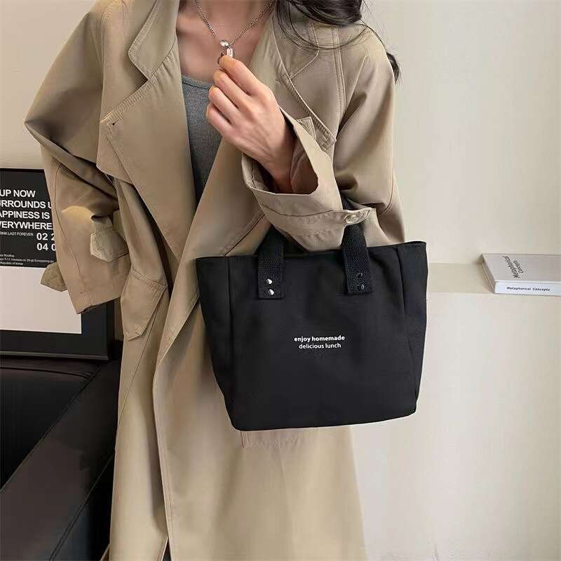 New Canvas Solid Tote Japanese Style Office Worker Simple Lunch Box Color Block Shoulder Bag