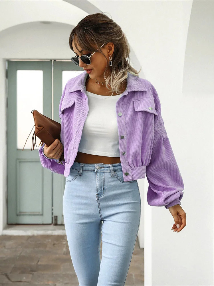 Corduroy Short Jacket Women Loose Tops Spring Autumn Turndown Collar Lantern Sleeve Casual Coat Lady Streetwear Outerwear 250715