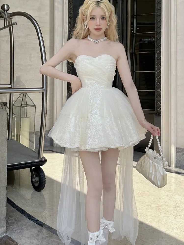 Fashion Elegant Sweet Strapless Dresses For Womens Summer New Slim Waist A-line Dress Y2k Mesh Patchwork Fairycore Vestidos R250716