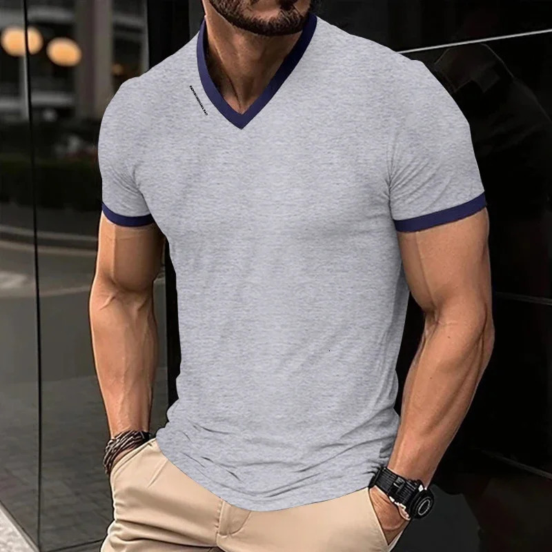Mens Casual and Fashionable Solid Color V-neck Short Sleeved T-shirt with Letter Print Summer Versatile and Comfortable Top 250715