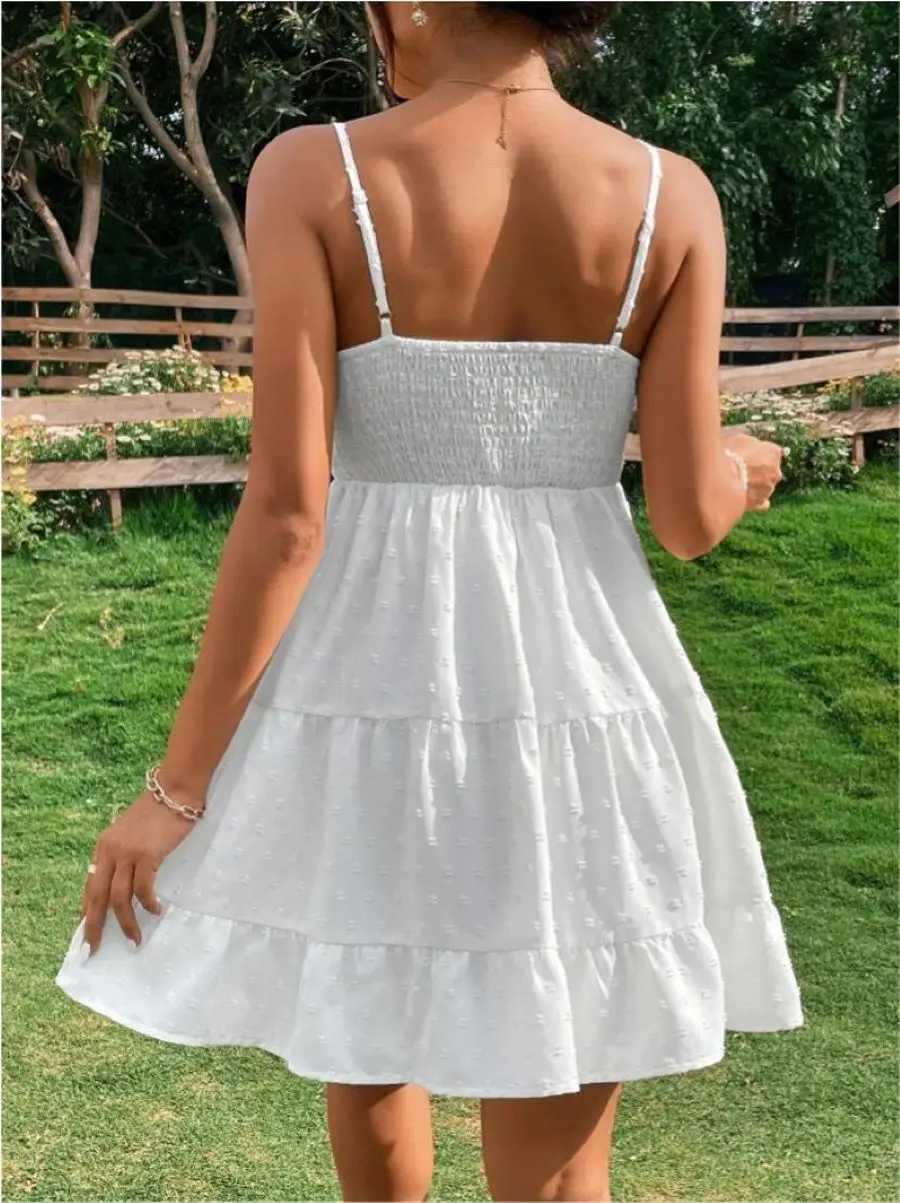 Summer Womens Sexy Waist-Cinching Ruffled Plain Color Sleeveless Camisole Dress R250716
