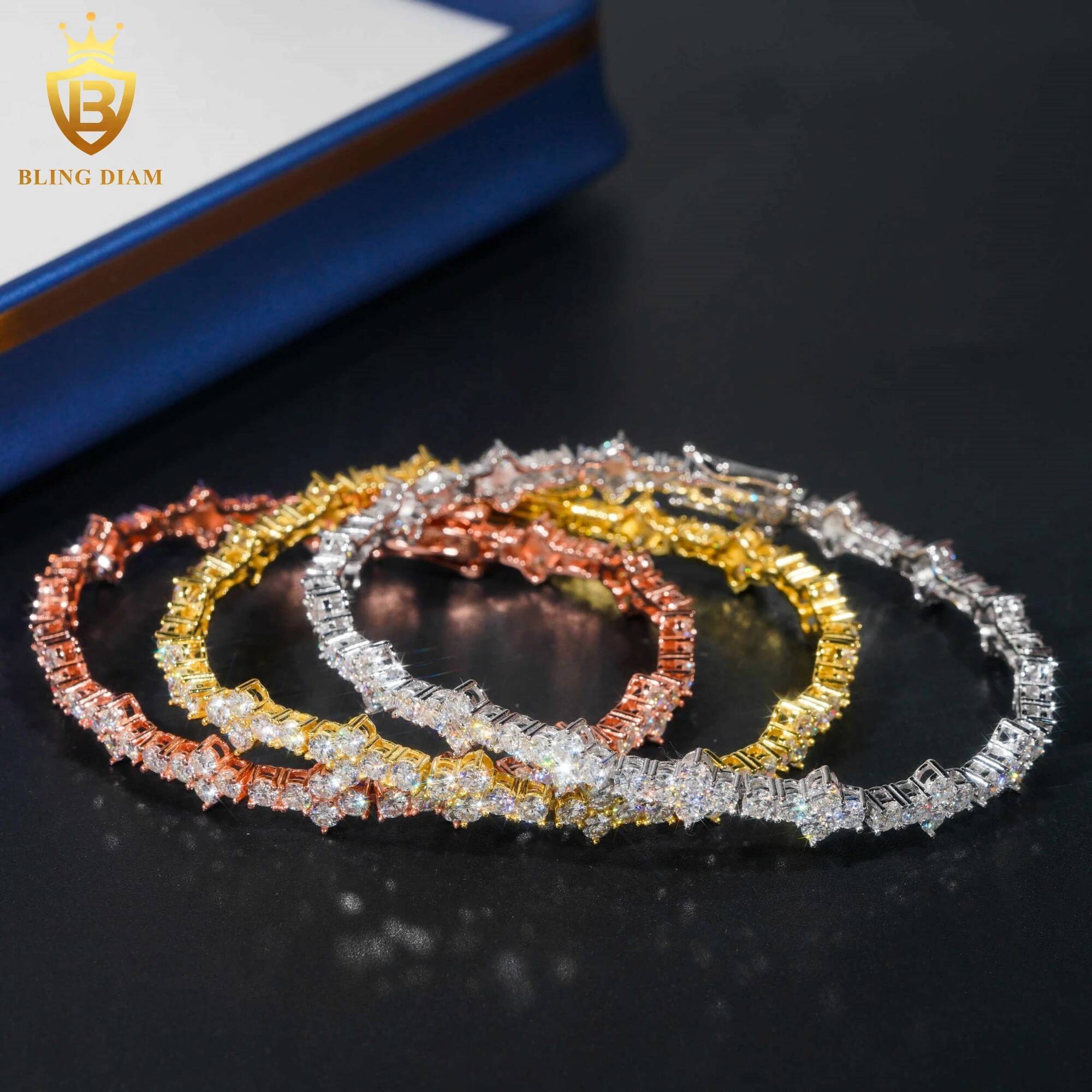 3/4mm Moissanite Jewelry Plum Blossom Tennis Chain Bracelet Hip Hop Single Row Stone Necklace 925 Silver with GRA Certificate