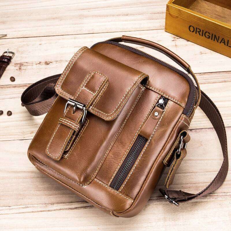 Cowhide Small Genuine Leather Shoulder Men's Retro Casual Vertical Crossbody Bag, MINI Handbag