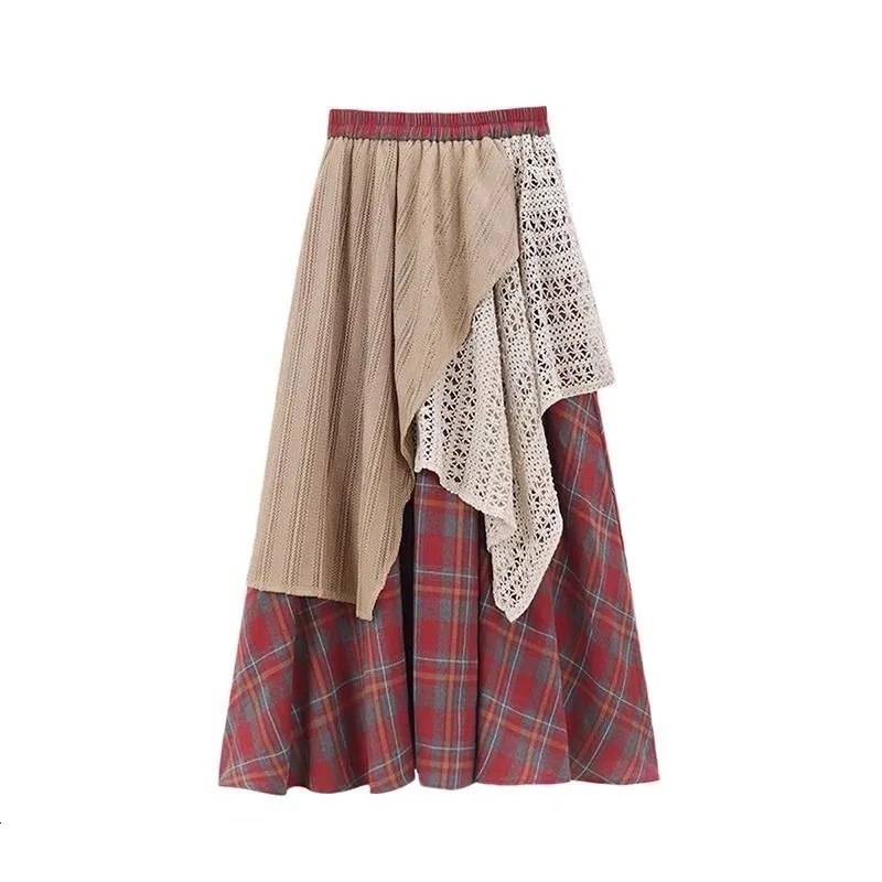 2025 Forest Style Retro Plaid Half Skirt for Women New Autumn Winter Design Irregular Patchwork High Waist A-line Long