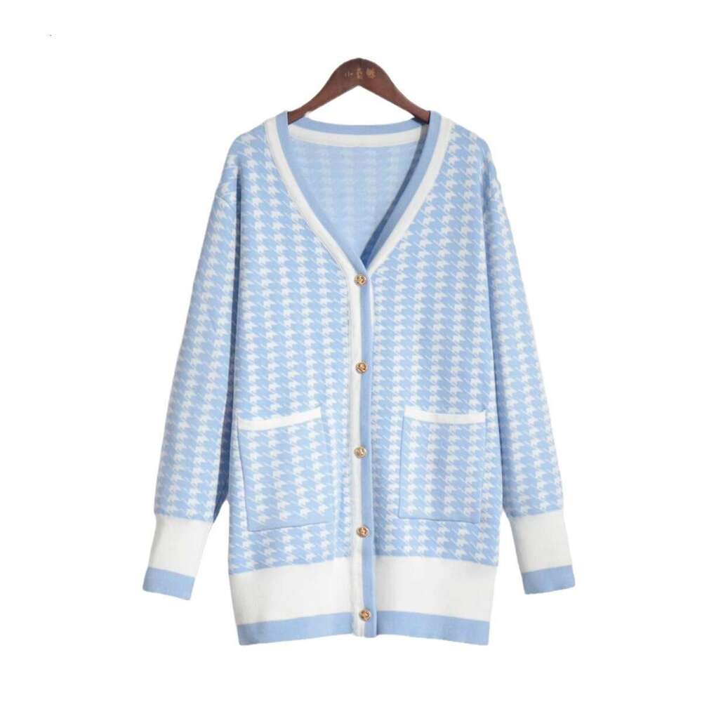 Houndstooth Autumn Winter New Elegant Women's French Loose Sweater Cardigan B5