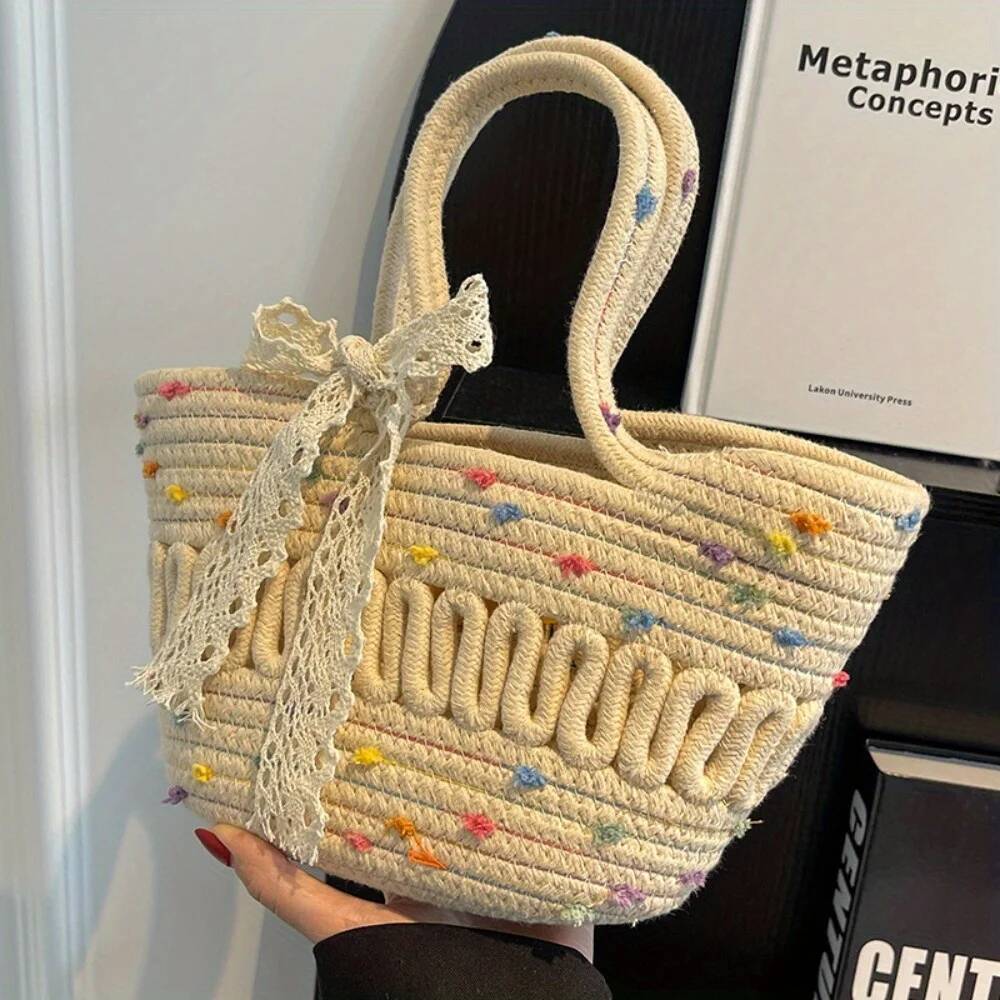 Women's Tote Woven Artistic Casual And Lightweight Holiday Shoulder Bag, Suitable For Vacation, Beach