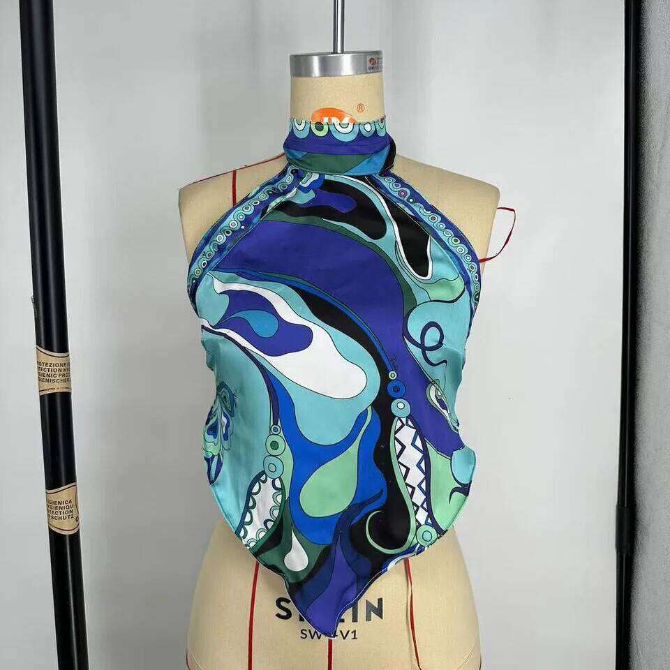 2025 Patchwork Halter Neck Style Women Fashion Colorful Summer Beach Top Graphic Priting Twill Bikini Wear