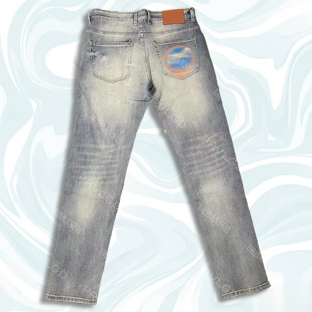 Fashion Forward Denim Ensemble Contemporary Male Slimfit Bottoms w/ Distinctive Patches