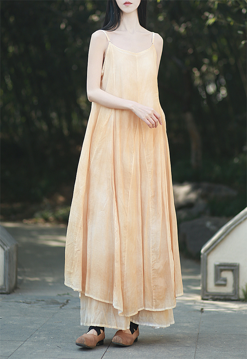 2025 25 DIY Plant-Dyed Spray-Dyed Strap Long Dress Irregular Large Hem Artistic Cool Blue