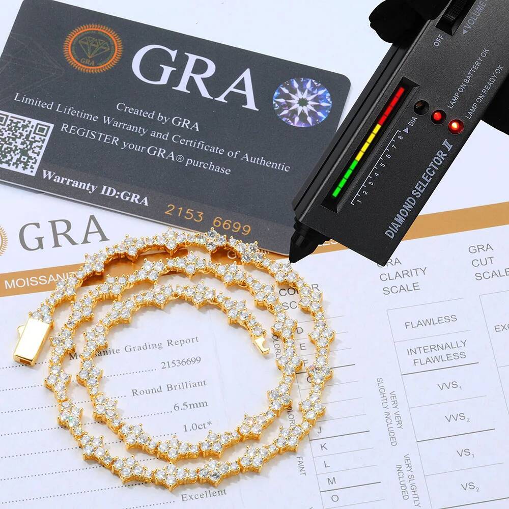 6.5mm Iced Out VVS Diamond Flower Shape Tennis Chain Hip Hop Jewelry 925 Sterling Silver Moissanite Tennis Chain Necklace